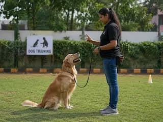 Trainer working one-to-one with a dog using positive reinforcement